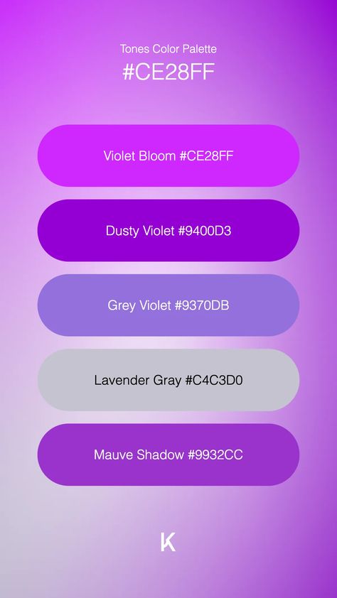 Tones Color Palette Violet Bloom #CE28FF · Dusty Violet #9400D3 · Grey Violet #9370DB · Lavender Gray #C4C3D0 · Mauve Shadow #9932CC Violet Pallet Color, Purple Hex, Black Color Palette, Hex Color Palette, Hex Codes, Vibrant Purple, Hex Colors, Purple Hair, Unique Colors