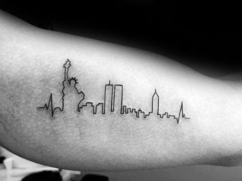 Mens New York Skyline Outline Arm Tattoo Design Inspiration Ny Skyline Tattoo, Nyc Skyline Tattoo, Pittsburgh Tattoo, Skyline Tattoo, Ny Skyline, Timeless Tattoo, New York Tattoo, Nyc Tattoo, Outline Tattoo