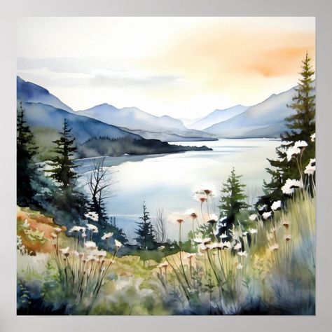 Mountain Landscape Watercolor Painting Art Print. Dimension Drawing, Watercolor Scenery, Columbia Gorge, Watercolor Paintings Nature, Watercolor Landscapes, Diy Watercolor Painting, Watercolour Inspiration, River Art, Mountain River