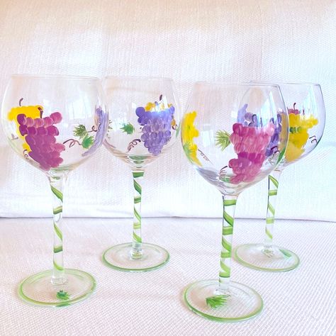 Beautiful Set Of 4 Vintage But Unused Hand Painted Grape Vine Motif Balloon Wine Goblets ! Glasses Are So Gorgeous, Chic Yet Whimsical; The Stem Is Striped In Green Color, Glass Adorned With Delicate A Different Colors Types Of Grapes Accenting; The Balloon Glass Itself Is Finely Painted With Grapes In Three Colors; Multi Tonal Green Leaf Accenting; Glasses Are Never Been Used Before - From Storage - There Still Tag Attached On Bottom Of Glass - Please See Photos; Questions ? Just Comment ! Bin Wine And Grapes Painting, Types Of Grapes, Wine Goblets, Green Leaf, The Balloon, Three Color, Glass Painting, Green And Purple, Grape Vines