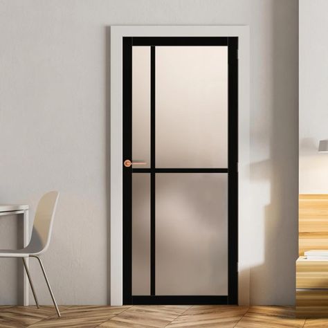 Bespoke Industrial Style 4 Pane Door WK6313 - Frosted Glass - 80mm - 4 Interior Door With Frosted Glass Panel, Frosted Glass Interior Doors Bathroom, Glass Bathroom Door, Modern Scandinavian Kitchen, Frosted Glass Interior Doors, Loft Style Homes, Oak French Doors, Conference Room Design, Glass Door Design