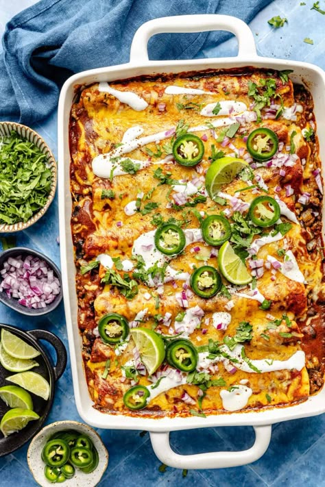 Enchilada Ground Beef, Red Enchilada Casserole Ground Beef, Beef And Bean Casserole, Red Enchiladas Beef, Easy Enchiladas Recipe, Ground Beef Enchiladas With Red Sauce, Beef Enchiladas With Red Sauce, Easy Ground Beef Enchiladas, Black Bean Enchilada Casserole