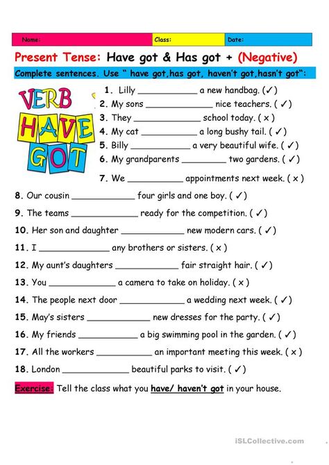 Have Has Negative Worksheets, Formal Vocabulary, Verb To Have, Test For Kids, English Language Test, Family Worksheet, English Exercises, Basic English, English File