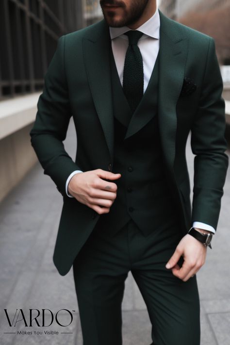 Tuxedo Three Piece For Men, Deep Green Suits For Men, Dark Green Suit Men Wedding Black Shirt, Dark Tuxedo Wedding, Dark Green Three Piece Suit Men, Dark Colored Suits For Men, Groom Formal Wedding Attire, Dark Green 3 Piece Suit Men, Men Suite Design