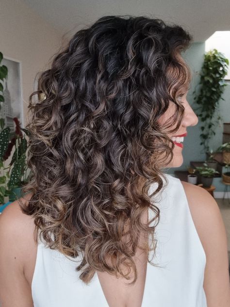 Cool Highlights On Dark Hair Brunettes, Dark Hair Highlights Curly, Caramel Highlights On Black Curly Hair, Shoulder Length Haircut For Curly Hair, Curly Hair Brown Balayage, Partial Balayage Curly Hair, Curly Hair Ombre Balayage, Curly Hair Lowlights, Curly Dark Brown Hair With Highlights