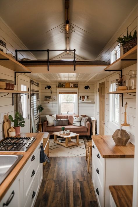 Small Cabin Sleeping Ideas, Tiny Cabin Interior Ideas, Mini House Interior Design, Interior Design For Tiny House, Cabin Style Tiny House, Tiny Homes From Sheds, Tiny Home Kitchen Living Room Combo, Coastal Tiny House Interior Design, Tiny Rustic House