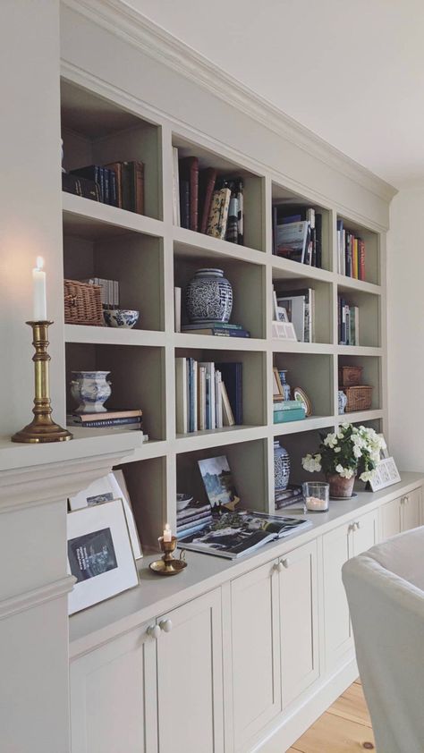 Greige Built Ins Living Room, Accent Built In Shelves, Light And Airy Home Library, Built In Shelves Library Room, Built Ins With Cabinets, Custom Built In Bookcase, Built In Bookcase With Glass Doors, Neutral Built Ins, Dining Room And Study Combined