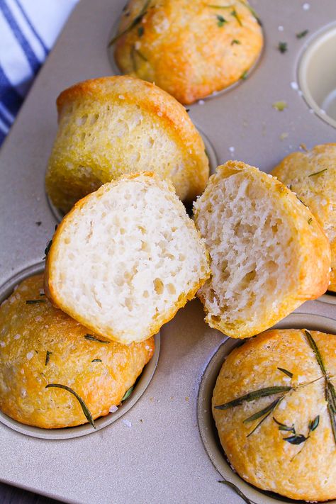 Focaccia Muffins - Maral in the Kitchen Focaccia Muffins, Easy Focaccia, Baked Goodies, Muffin Cups, Fresh Thyme, Fresh Rosemary, Instant Yeast, Muffin Pan, Golden Brown