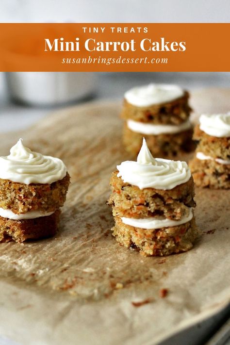 These mini carrot cakes are a delicious and adorable addition to any brunch or dessert table! Made with fresh carrots, warm spices, and a cream cheese frosting, they're moist, flavorful, and perfectly portioned. Plus, their individual size makes them great for sharing with friends and family. Add this easy recipe to your collection and enjoy a little taste of springtime any time of year! Carrot Cake Ideas, Mini Carrot Cakes, Carrot Cake Bites, Mini Carrot Cake, Fresh Carrots, Carrot Cakes, Mini Carrots, Make Cream Cheese, Tiny Treats