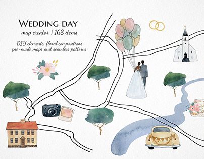 Wedding Map Illustration, Map Elements, Watercolor Wedding Map, Map Invitation, Wedding Illustrations, Romantic Love Story, Map Creator, Hand Drawn Map, Bridal Invitations