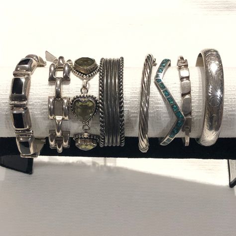 Choice of one of eight beautiful vintage sterling silver bracelets.  There are hinged, link, cuff and latched bracelet styles.  A is very heavy with 8 black onyx cabachon hinged links and a stunning handmade latch with safety chain.  It is marked Mexico TL-70, 925.  This is exceptionally well made and stunning on.  8" long. B is an exceptional handmade studio artisan sterling link bracelet with semi circle links.  It is marked sterling on the clasp, 7" long. C is a bezel set heart link beaded ca Handmade Vintage Silver Chain Bracelet, Vintage Metal Bracelets With Chunky Chain, Vintage Metal Chain Link Bracelet, Vintage Link Bracelet With Silver Chain, Vintage Silver Chain Link Bracelets, Beaded Cabochon, Bracelet Styles, Cabochon Bracelet, Smoky Topaz