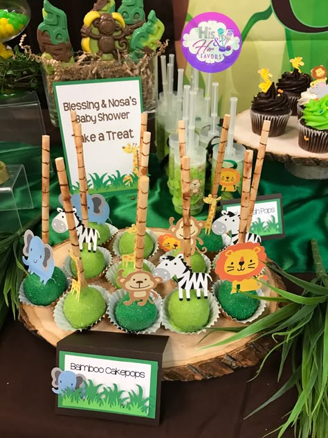 Bamboo cake pops www.hisnherfavors.com Wild One Birthday Cake Pops, Cake Pops Safari Theme, Safari Cake Pops, Jungle Cake Pops, Safari Theme Cake, Lion King Birthday Party Ideas, Safari Baby Shower Boy, Jungle Theme Birthday Party, Zoo Birthday Party