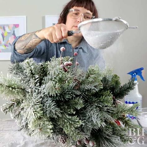 How to Flock a Tree Two Ways | Better Homes & Gardens Diy Flocking Powder, Tree Flocking, Crismas Tree, Flocking Powder, Christmas Diy Kids, Christmas Trees Decorated, Fake Christmas Trees, Flocked Christmas Tree, White Trees