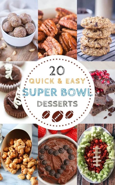 If you are hosting Super Bowl party, you’ll need some sweet treats for the big game! These 20 Healthy Super Bowl Desserts are super delicious, easy to make and most importantly GUILT-FREE. Perfect for your next game day party.  #superbowl #partyfood #football #recipes #recipeseasy #desserts #dessertfoodrecipes #dessertrecipes #dessertideas #snacks #gameday Sweets For Super Bowl Party, Super Bowl Treats Dessert Recipes, Sweet Superbowl Treats, Cute Superbowl Desserts, Superbowl Desert Board, Super Bowl Dessert Ideas, Easy Superbowl Desserts, Super Bowl Desserts Easy, Healthy Super Bowl Desserts