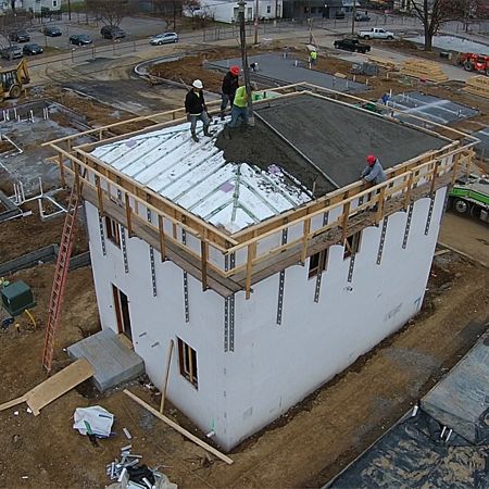 DJI00388 Icf Home, Gable Roof Design, Insulated Concrete Forms, Front Yard Landscaping Pictures, Storm Shelter, Front Yard Landscaping Diy, Concrete Houses, Roof Construction, Concrete Home