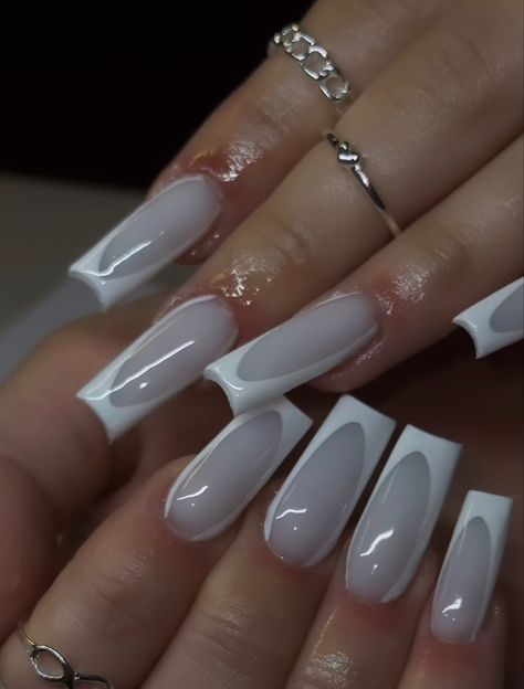 White On Milky White Nails, Smoky White Nails, White Milky Nails Acrylic, Milky White Black French Nails, Milky Nails With French Tip, Marshmallow French Tip Nails, Mikey White Nails, Milky White Base Nails With Design, Milk White French Tip Nails