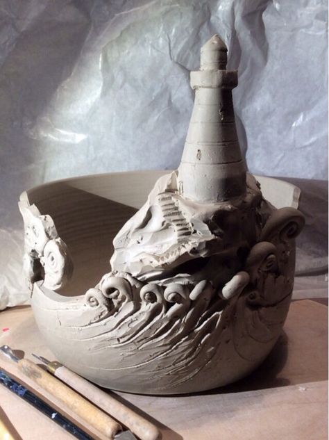 Lighthouse Ceramic Sculpture, Advanced Ceramics Projects, Pottery Lighthouse, Clay Lighthouse, Pottery Sculpture Ideas, Landscape Pottery, Lighthouse Ceramic, Form In Art, Ceramic Lighthouse