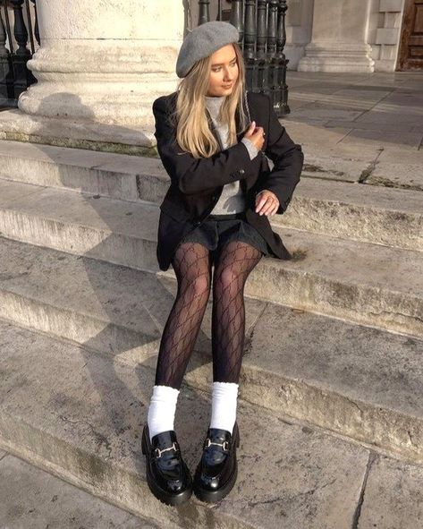 Black tights and white socks #Black #tights #and #white #socks #blacktightsandwhitesocks Outfits With Black Tights, Tights Outfits, Vogue Photoshoot, Lawyer Fashion, Chic Winter Outfits, White Socks, Loafers Style, Winter Fits, Outfit Goals