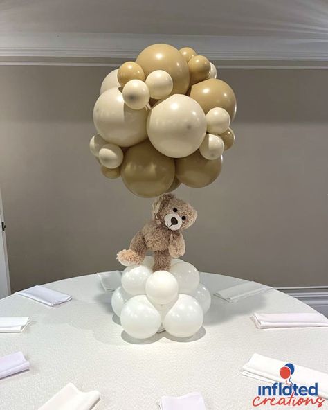 Teddy Bear Hanging From Balloons, Teddy Bear Party Centerpieces, Teddy Bear On Cloud Centerpiece, Bear And Balloon Centerpiece, Bear Table Centerpiece, We Can Barely Wait Centerpieces, Teddy Bear Table Centerpieces, Neutral Baby Shower Centerpieces, Small Balloon Decorations