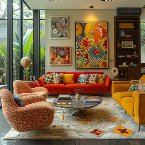 The Art of Mixing Styles in a Mid Century Modern Eclectic Living Room • 333+ Images • [ArtFacade] Modern Art Interior Design, Bright Mid Century Living Room, Mcm Colorful Living Room, Colorful Home White Walls, Post Modern Interior Design Living Rooms, Living Room Eclectic Modern, Mid Century Modern Living Room Colorful, Modern Funky Living Rooms, Eclectic Interior Design Living Room