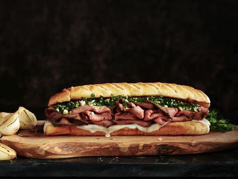 Our tender London Broil Top Round Roast Beef is sure to bring warmth to your day on this delectable sandwich. It's stacked full of flavor and large enough to share with someone special. Beef Chimichurri, Deli Sandwiches Recipes, Top Round Roast Beef, London Broil, Panini Recipes, Roast Beef Sandwiches, Deli Sandwiches, Sub Sandwiches, Deli Food