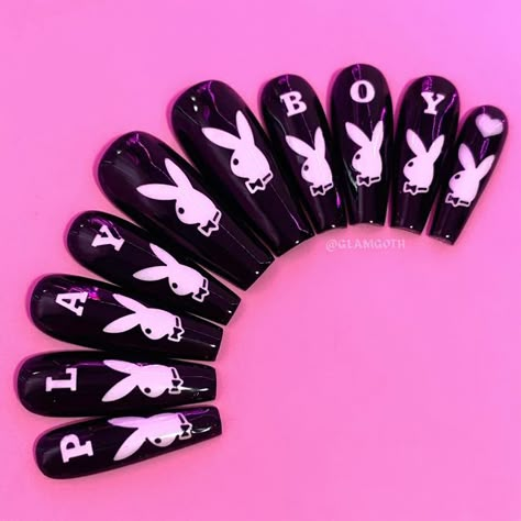 Play Bunny Nails, Playboy Bunny Nail Design, Play Boy Nails, Glamgoth Nails, Black Gel Polish, Black Gel Nails, Bunny Nails, Goth Nails, Builder Gel