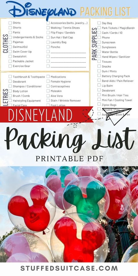 Grab this PDF Disneyland Packing List printable to help you know what to bring to Disneyland on your next trip. From clothes to toiletries and all the park bag essentials, here's the list for you! Disneyland Checklist Packing Lists, Disneyland Packing List For Toddlers, Disneyland Packing List Families, Things To Bring To Disneyland, Disneyland Park Bag Essentials, What To Take To Disneyland, Disneyland Checklist, What To Bring To Disneyland, What To Pack For Disneyland