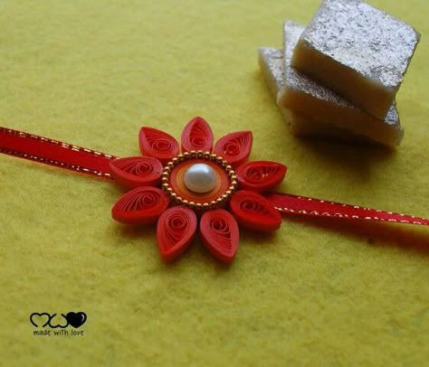 Rakhi #madewithlove #symbol #love #brother #sister #festival #bonding #siblings #quilling #flower #paper Raki Making Ideas Homemade, Homemade Rakhi Ideas, Homemade Rakhi, Quilling Accessories, Quilling Rakhi, Rakhi Diy, Handmade Rakhi Designs, Creative Diary, Rakhi Making