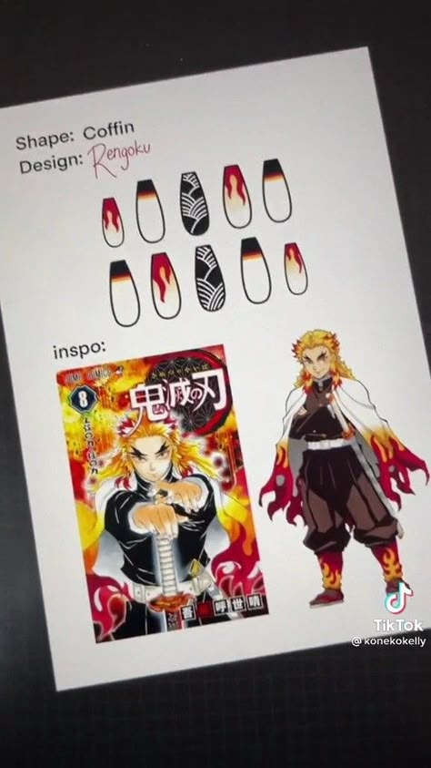 Demon Slayer Nails Rengoku, Rengoku Nail Art, Rengoku Makeup, Rengoku Nails, Anime Nails Art, Demon Slayer Nails, Halloween Nail Art Tutorial, Anime Nail, Disney Acrylic Nails