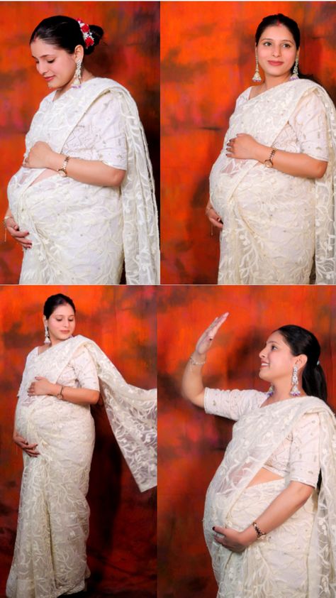 Pregnancy photoshoot in saree White Saree Photoshoot, Photoshoot In Saree, Photoshoot Saree, White Saree, Saree Photoshoot, Motherhood Journey, Pregnancy Photoshoot, Indian Fashion, At Home