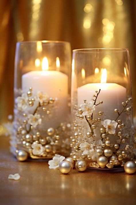 Candle Light Photography, Decoration Candles, Pearl Candle, Wedding Ambiance, Pearl Decorations, White Candles, Christmas Centerpieces, Light Photography, Bday Party