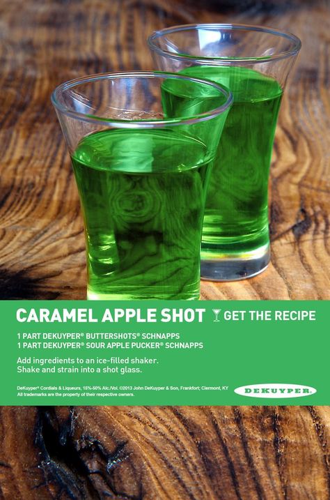 Caramel Apple Shot we could do any butterscotch liqueur and sour apple pucker!!!! @Diane Haan Lohmeyer Haan Lohmeyer Z McEuen Caramel Apple Shots, Apple Shots, Sour Apple Pucker, Fruity Mixed Drinks, Apple Pucker, Jello Shot, Liquor Drinks, Boozy Drinks, Shot Recipes