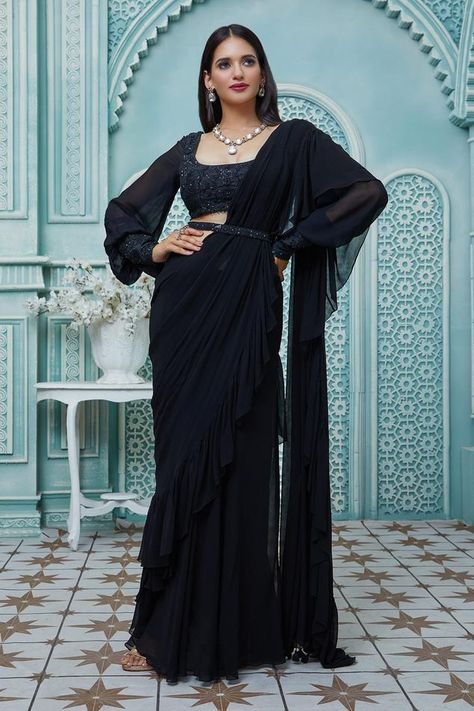 Buy Orange Modal Satin V Neck Printed Pre-draped Saree With Blouse For Women by Esha Koul Online at Aza Fashions. Black Saree Designs, Long Sleeve Saree Blouse, Black Saree Blouse, Full Sleeves Blouse Designs, Black Blouse Designs, Saree Jacket Designs, Embroidered Cuffs, Saree With Belt, Draped Saree