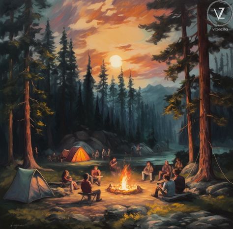 Experience the warmth and camaraderie of a camping adventure with this captivating oil painting. The artwork portrays a serene scene, where tall trees create a natural canopy, and a flickering bonfire becomes the heart of gathering. People are gathered around, sharing stories and laughter under the starry night sky. The artist's skillful brushstrokes and use of warm hues bring the coziness and magic of a camping experience to life. Anime Nature, Camping Scene, Cozy Camping, Camping Set Up, Night Sky Painting, Camping Photography, Camping Aesthetic, Backyard Camping, Beach Bonfire