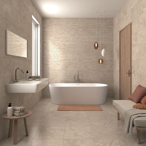 BEIGE BATHROOM IDEAS – Beige stems from brown. The colour attracts us because it looks bright and homey. No wonder that many house owners apply the co... Beige Bathroom Tiles, Beige Tile Bathroom, Brown Tile Bathroom, Drømme Bad, Bathroom Ideas Beige, Makeover Kamar Mandi, Bathroom Feature Wall, Beige Bathroom Ideas, Brown Bathroom Ideas