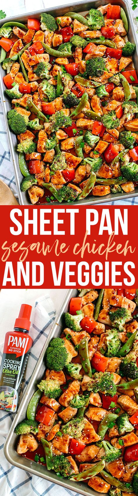 Sheet Pan Sesame Chicken and Veggies - Eat Yourself Skinny Sesame Chicken And Veggies, Veggies Dinner, Chicken And Veggies, Sheet Pan Chicken, Sheet Pan Dinners Recipes, Pan Dinners, Paleo Lunch, Sesame Chicken, Pan Chicken