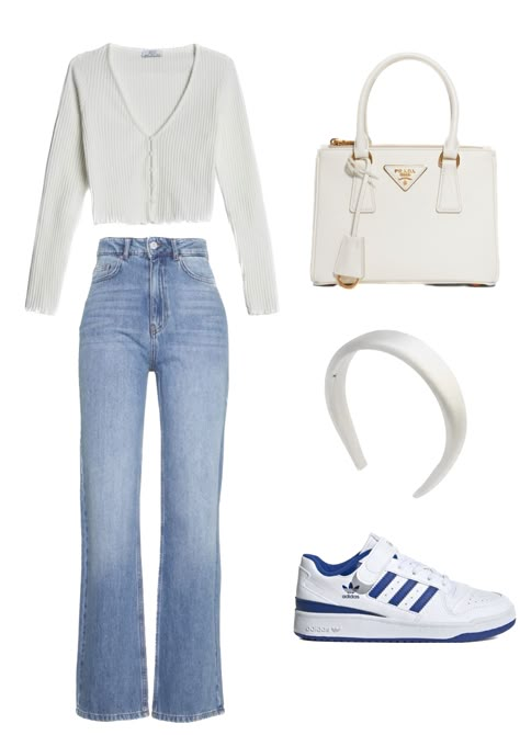 White top with blue jeans, white Prada bag, Adidas forum low and white headband. The perfect elegant outfit to go to school. Vivienne westwood neckleace Classy Blue Jeans Outfit, Blue Jeans And White Top Outfit Casual, White Top With Blue Jeans, Adidas Forum Low Outfit, White Prada Bag, White Pants Outfit Winter, White Top And Blue Jeans, White And Blue Outfit, Casual Jeans Outfits