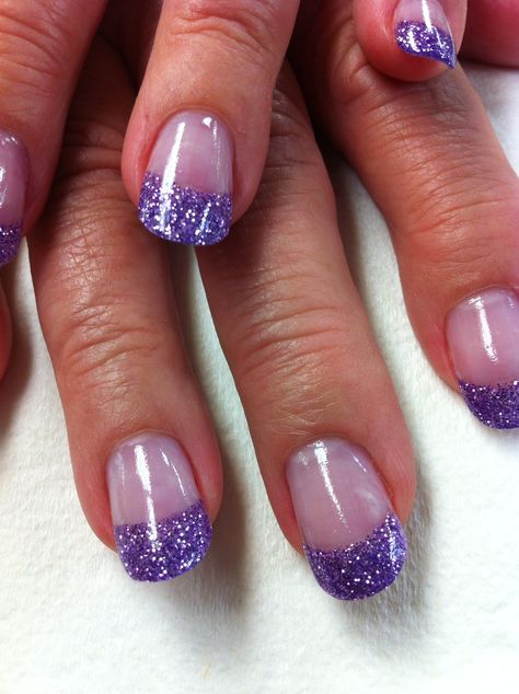 Purple glitter acrylic tips Dip Nails Colored French Tips, Purple French Tip Nails With Glitter, Purple Glitter Dip Nails, Purple Nails With Glitter Tips, Nails With Purple Tips, Purple Tipped Nails, Purple Glitter Tip Nails, Violet French Nails, Purple Nail Tips