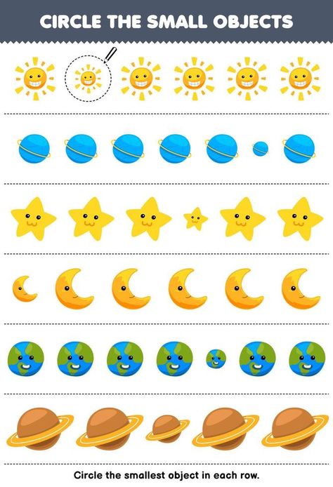 Education game for children circle the smallest object in each row of cute cartoon sun planet star moon printable nature worksheet Moon Worksheets For Kids, Planets Worksheets For Kids, Sun Worksheet, Nature Worksheet, Space Worksheets, Soal Tk, Sun Planet, Sun Activity, Moon Printable