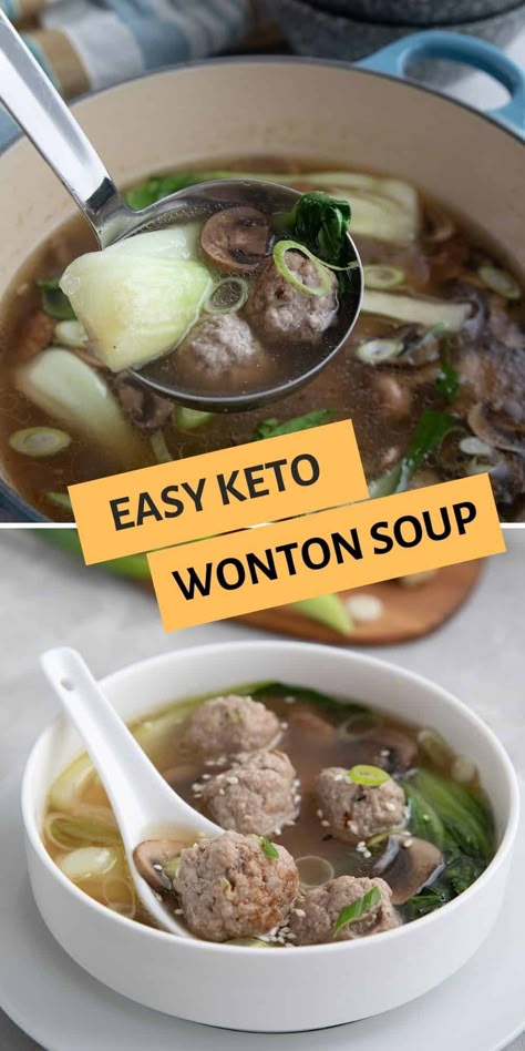 Warm and comforting, this Keto Wonton Soup has all the flavor of the original. With only 4.2g net carbs per serving, it satisfies those take-out cravings like no other! Keto Wonton, Carolyn Ketchum, Keto Chinese, Soup Keto, Low Carb Soups, Chicken Tikka Masala Recipes, Keto Soups, Keto Soup, Low Carb Soup