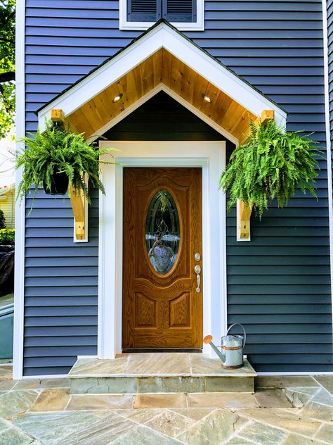 Owning Over Front Door, Small House Portico Front Entry, Front Door Peaked Roof, Over Hang Roof Front Entry, Front Portico Ideas Entryway, Roof Over Front Door Entrance, Small Portico Entry, Front Porch Portico Ideas, Diy Portico Entry