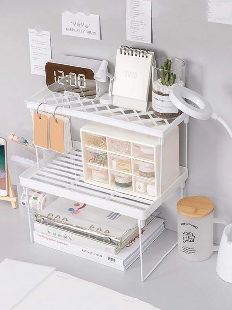 1pc Desktop Storage Rack | SHEIN USA Penyimpanan Makeup, Dream Setup, Desk Organisation, Bureau Decor, Study Desk Decor, Uni Room, Desk Inspo, Desk Inspiration, White Desk