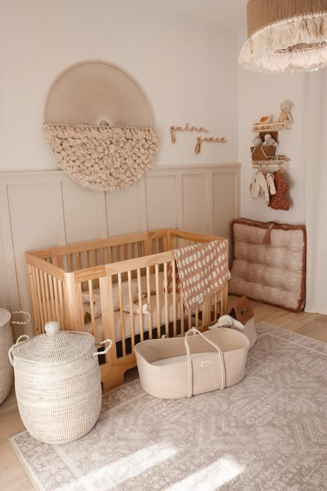 Beige Nursery Panelling, Nursery Wall Board And Batten, Cute Boho Nursery, Beige Board And Batten Nursery, Nursery Tan Walls, Neutral Rugs Nursery, Nuetral Girl Nursery Ideas, Tan Neutral Nursery, Taupe Accent Wall Nursery