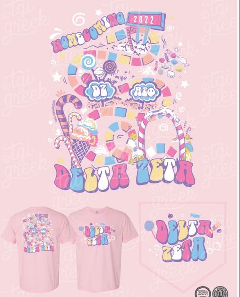 Candy Land Bid Day Outfit, Candy Sorority Theme, Candy Land Sorority Theme, Candy Shirt Ideas, Candy Sorority Shirt, Candyland Sorority Theme, Candy Land Shirts Tees, Panhellenic Sororities, Sorority Recruitment Shirts