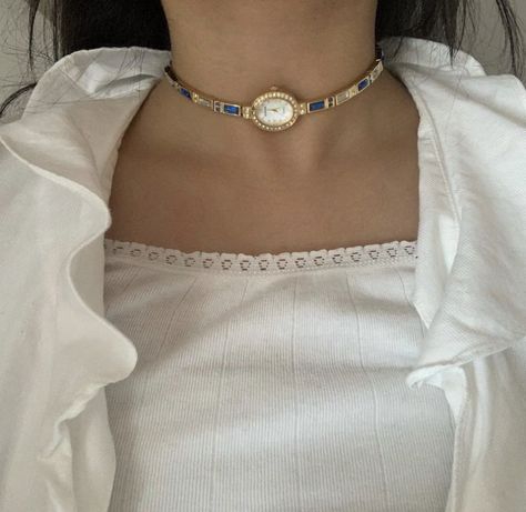 Gold rhinestone blue watch choker necklace Watch Choker Necklace, Watch Necklace Choker, Y2k Watch, Watch Y2k, Watch Choker, Creepy Cute Fashion, Grunge Jewelry, Jesus Is King, Chocker Necklace