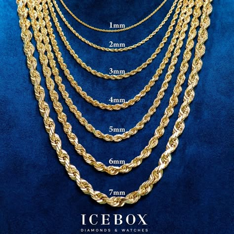 🔢 What MM size is your favorite? 🔢  Shop Now - www.icebox.com Rope Chain Gold, Mens Gold Chain Necklace, Mens Silver Chain Necklace, Gold Neck Chain, Chain Necklace Men, Jewelry Knowledge, Gold Leaf Necklace, Gold Chain Design, Mens Gold Jewelry