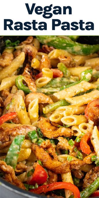 Looking for a flavorful and easy vegan dinner? Try our vegan rasta pasta recipe! With a homemade jerk seasoning, anyone can enjoy these Jamacian inspired flavors. Married together with soy curl chicken, bell peppers and pasta, this dish is done in 30 minutes. You don't want to miss this vegan pasta dish!  Vegan jamacian recipes, tasty vegan recipes, easy vegan dinner recipes. Rasta Pasta Recipe, Tvp Recipes, Easy Vegan Dinner Recipes, Vegan Dinner Ideas, Tasty Vegan Recipes, Vegan Pasta Sauce, Rasta Pasta, Vegan Pasta Dish, Vegan Dinner Recipes Easy