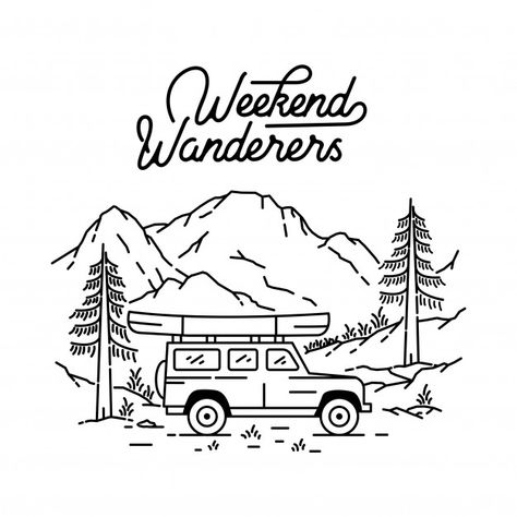 Outdoor monoline illustration Premium Ve... | Free Vector #Freepik #freevector #freetravel #freewater #freeline #freewave Outdoor Drawings, Monoline Illustration, Outdoor Illustration, Camping Illustration, Outdoor Logos, Vintage Camper Remodel, Illustration T Shirt, Basic Drawing, Simple Illustration