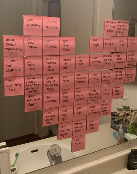 Surprise Birthday Gifts For Girlfriend, Post Its On Mirror For Boyfriend, Post It Note Heart On Mirror, Surprises For Boyfriend Just Because, Post Notes Ideas For Him, Surprise To Boyfriend, Things To Surprise Your Girlfriend With, Heart With Post It Notes, Asking Him To Be Your Boyfriend Ideas Poster