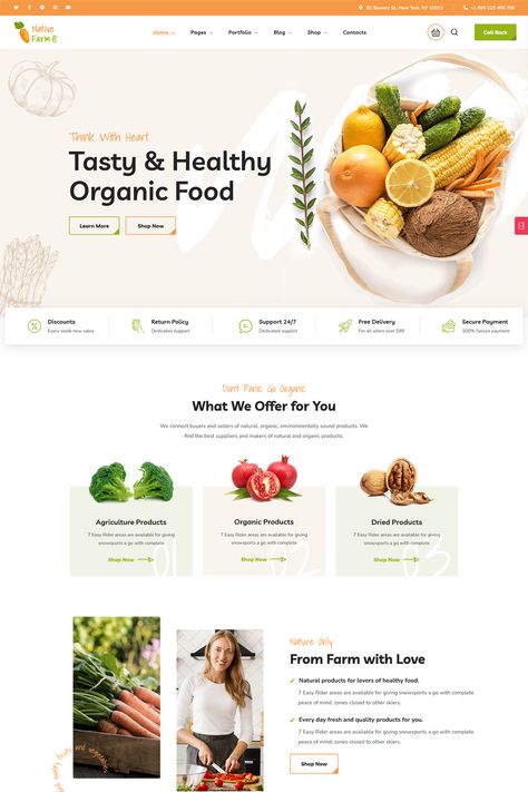 NativeFarm is a vibrant and modern WordPress theme designed specifically for organic farms, healthy food stores, and businesses selling eco-friendly food products. Its bright and eye-catching design, combined with powerful features, makes it an ideal choice for showcasing your organic offerings, building trust with customers, and growing your online sales. Fruits Website Design, Farmers Market Website Design, Organic Market Design, Food Website Design Layout, Product Knowledge Design, Healthy Website Design, Selling Website Design, Lending Design, Farm Website Design